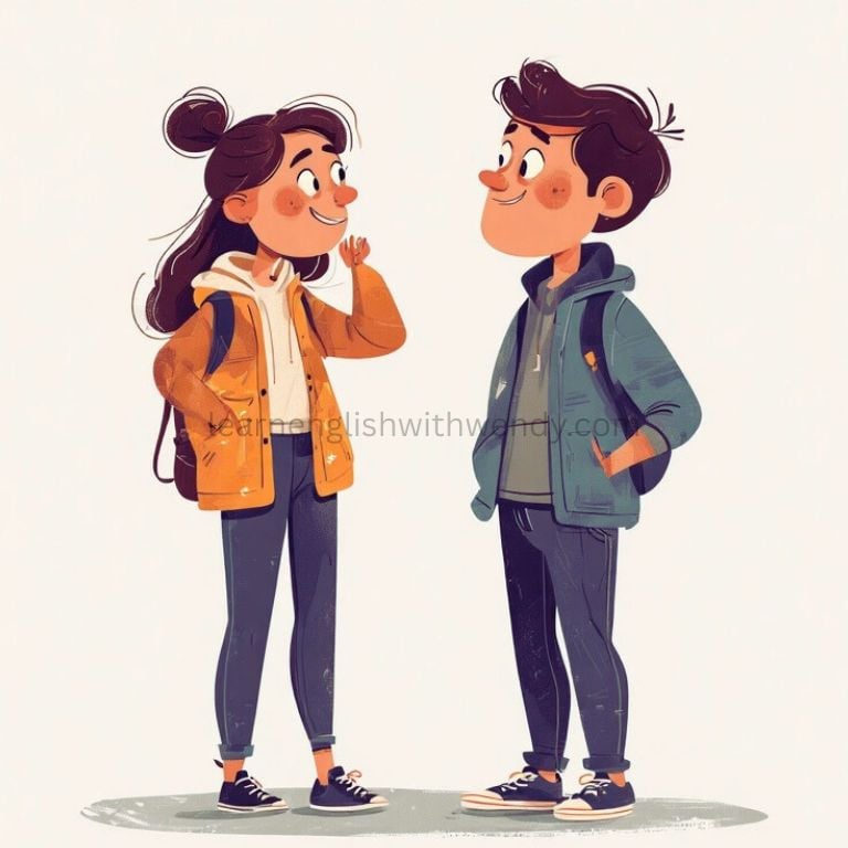 Cartoon illustration of two people engaged in a conversation, with expressive facial features and animated body language.