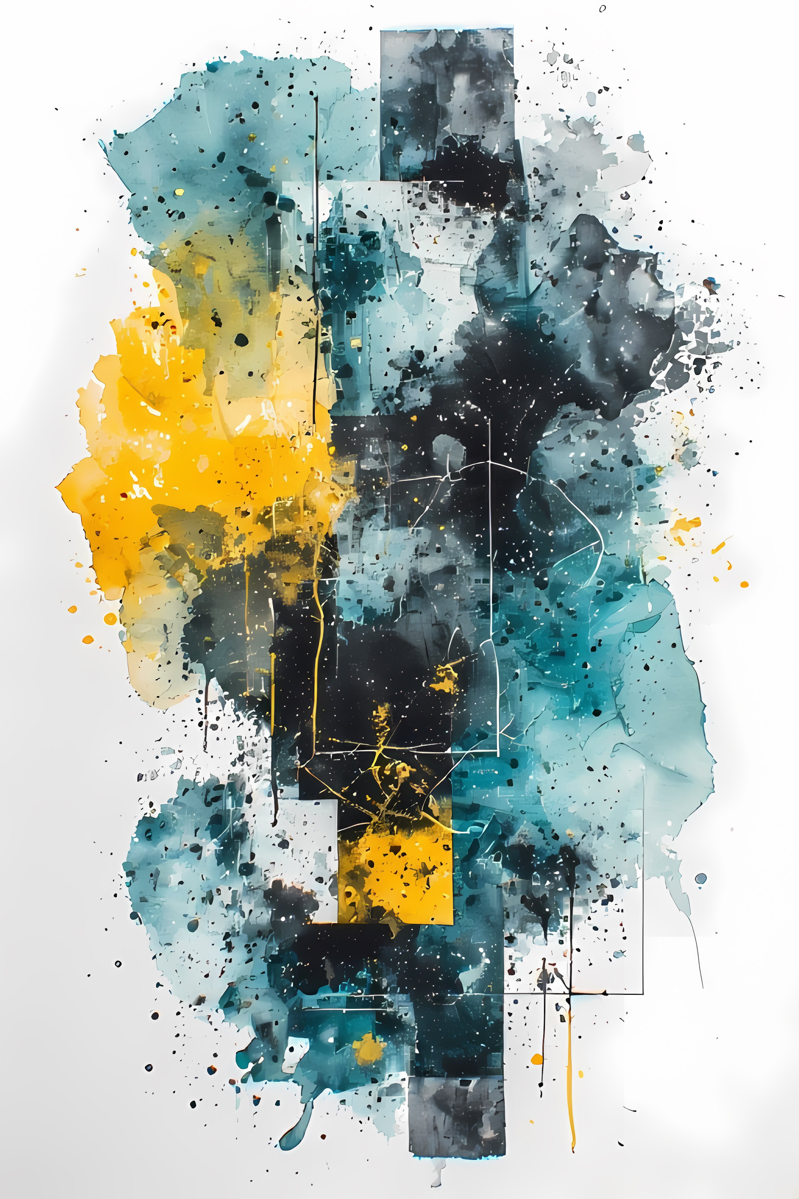 Teal, mustard yellow, gray and black abstract art with splashes of paint