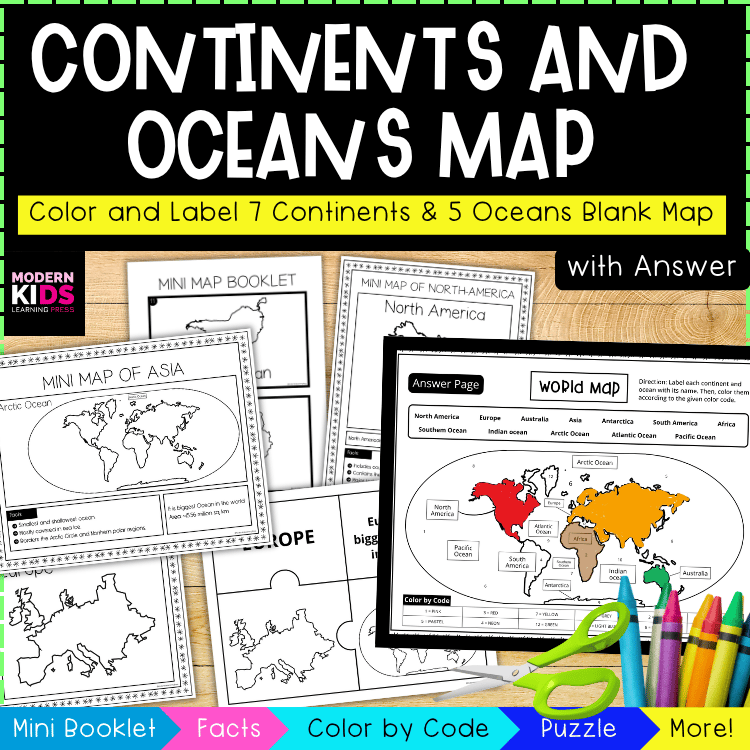 7 Continents & 5 Oceans Worksheets with Blank Maps, Activities & Answer Key