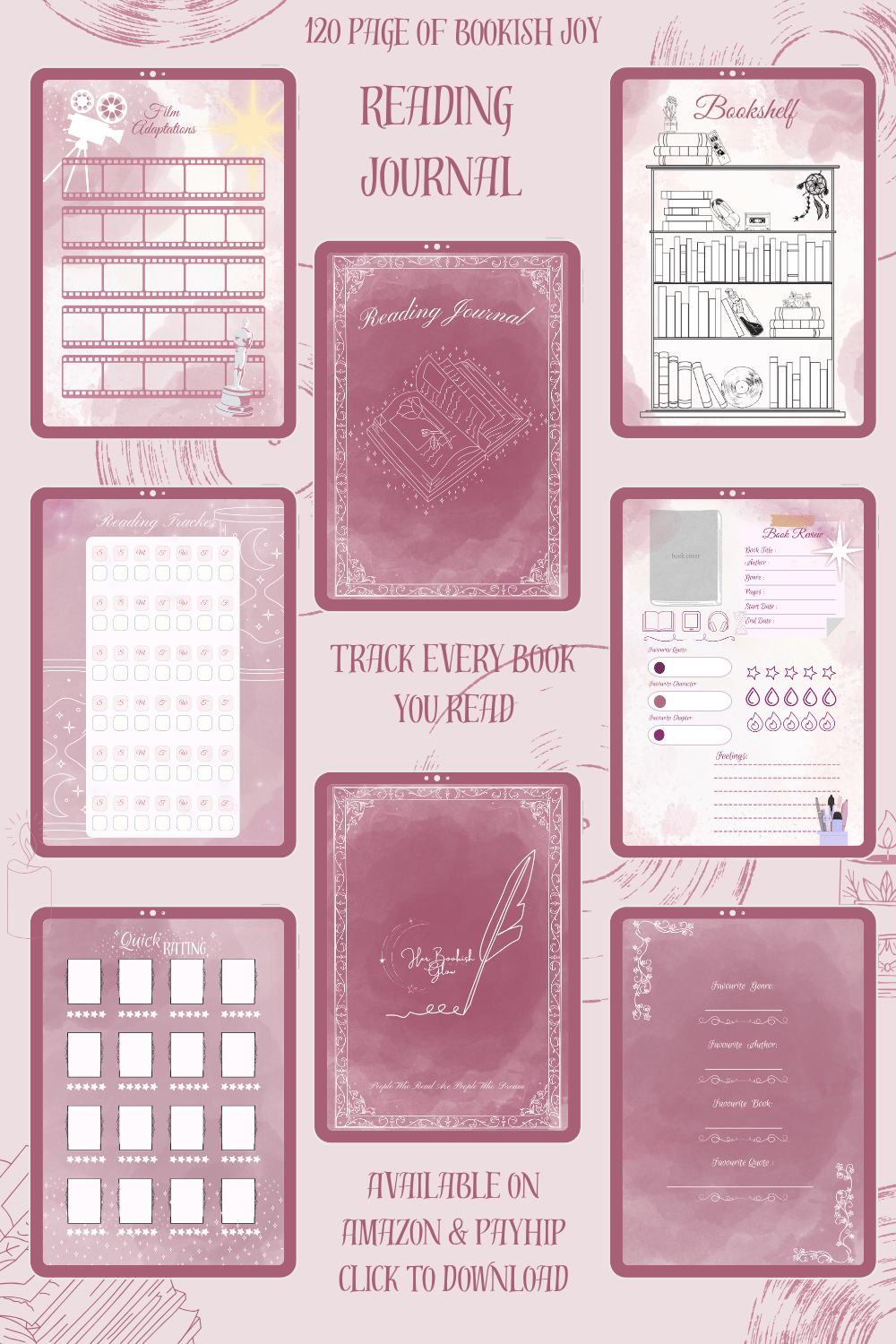 Collage of reading journal pages including a reading tracker, book review layout, film adaptation section, quick rating chart, and a visual bookshelf tracker — designed in an aesthetic printable style.”
