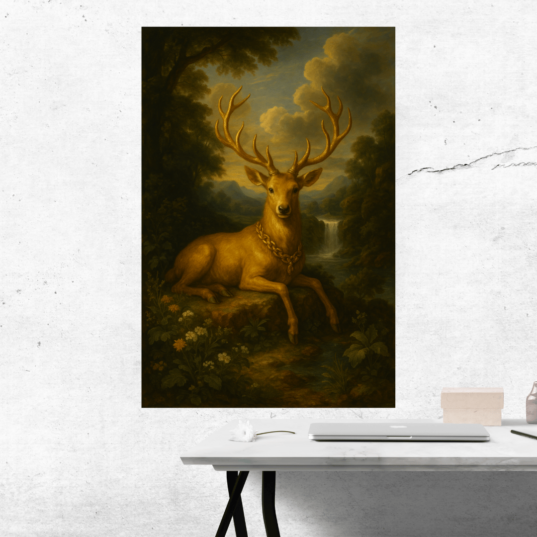 golden deer painting, fantasy forest art, classical oil painting, enchanted woodland decor, mystical deer artwork, regal animal illustration, mythological forest print, majestic stag art, elegant nature scene, magical wildlife decor, fantasy animal print,