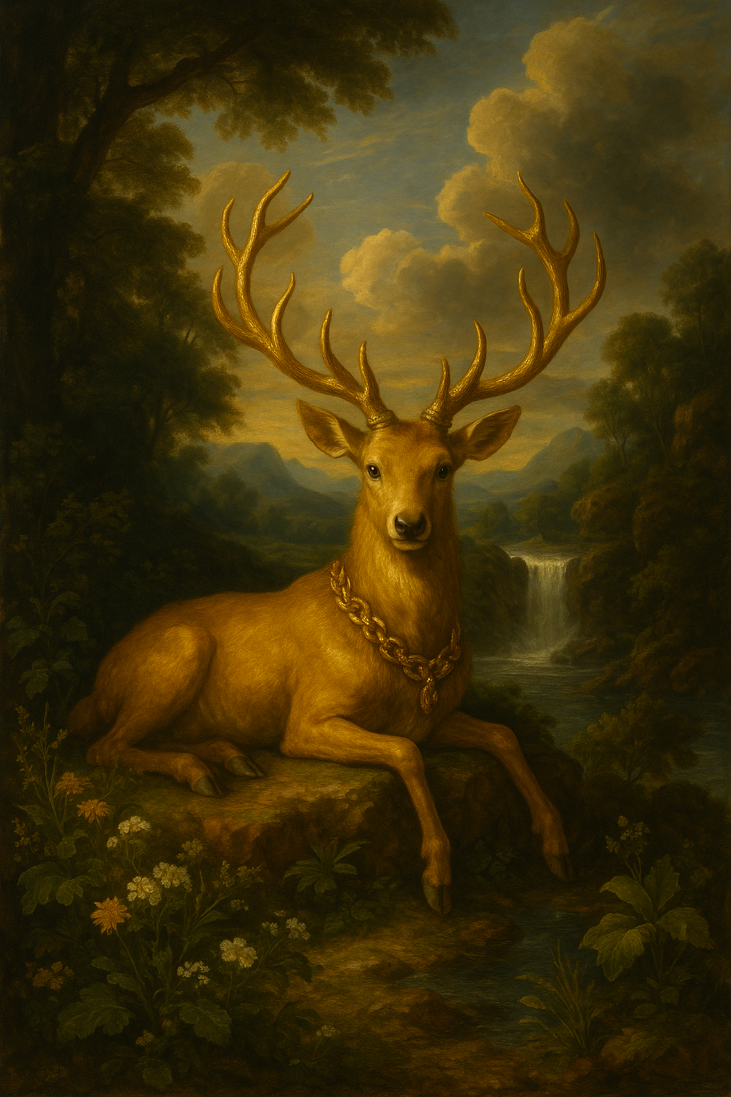 golden deer painting, fantasy forest art, classical oil painting, enchanted woodland decor, mystical deer artwork, regal animal illustration, mythological forest print, majestic stag art, elegant nature scene, magical wildlife decor, fantasy animal print,