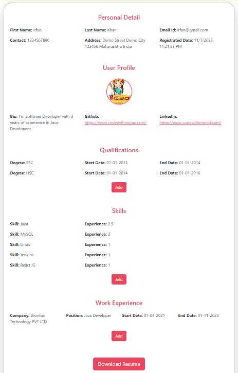 online job portal project spring boot react js candidate profile