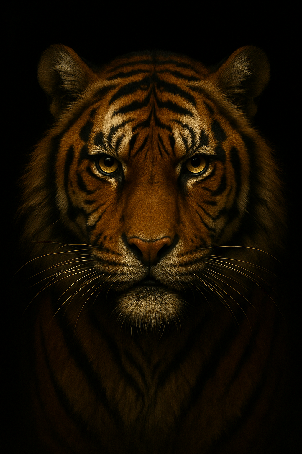 tiger face art, fierce tiger print, wildlife artwork, tiger wall decor, animal poster, big cat illustration, majestic tiger, photorealistic tiger, jungle predator art, black background tiger, bold animal art, tiger stare artwork, powerful tiger canvas, ti