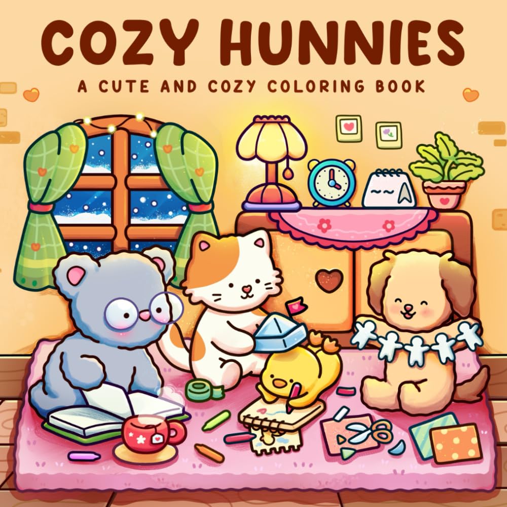 Cozy Hunnies: Coloring Book for Adults and Teens Featuring Cute and Bold Designs of Fuzzy Animals Characters and Hygge Moments for Relaxation
