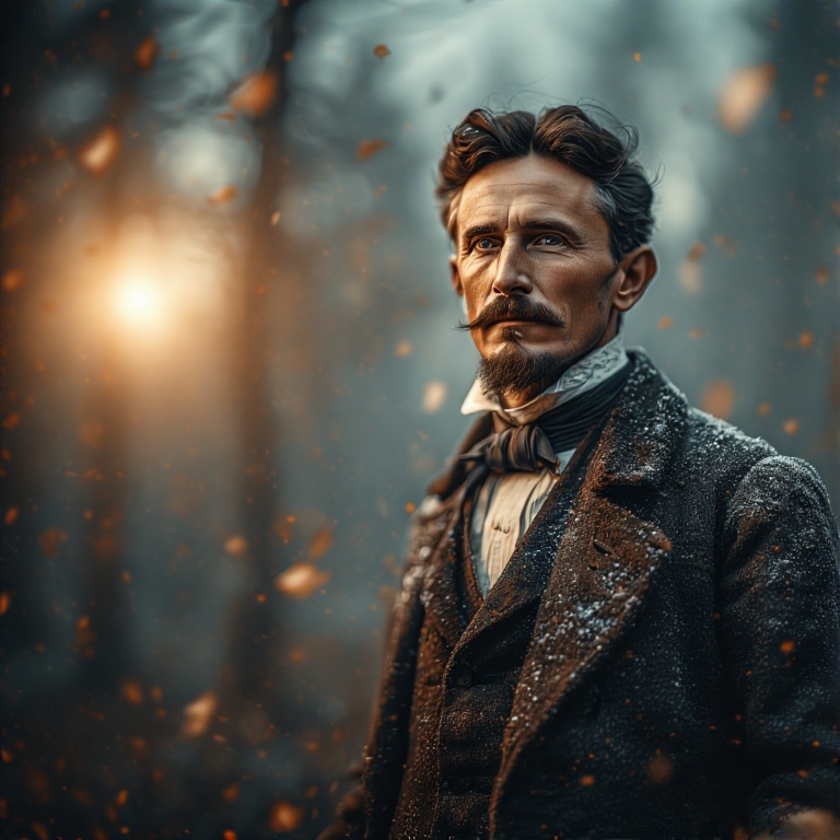 Nikola Tesla stands confidently among tall trees in a serene forest setting.