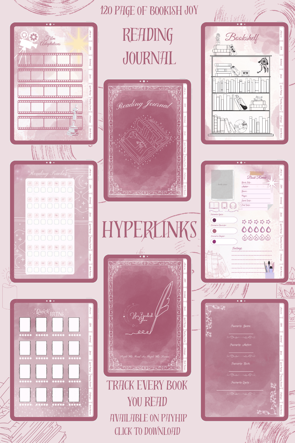 Collage of reading journal pages including a reading tracker, book review layout, film adaptation section, quick rating chart, and a visual bookshelf tracker — designed in an aesthetic printable style.