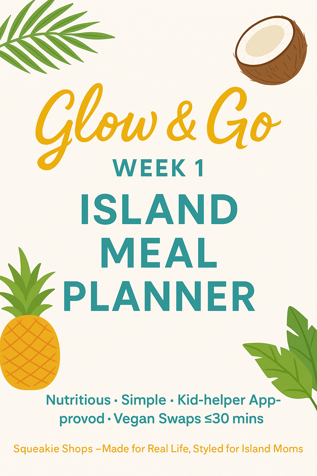 Digital cover for the Glow & Go: Week 1 Island Meal Planner. The design features a tropical color palette of mango gold, mint green, and coral blush, with leafy accents and playful island icons like coconuts and palm fronds. The title appears in bold, mod
