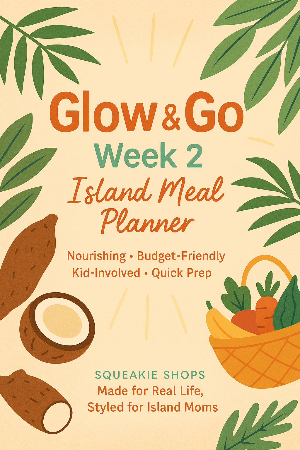 Alt tag 1: Digital planner cover with mango gold title on papaya cream background featuring palm leaves and coconut icons—Glow & Go: Week 2 Island Meal Planner.  Alt tag 2: Printable 7-day island meal grid showing breakfast, lunch, dinner, and snack ideas