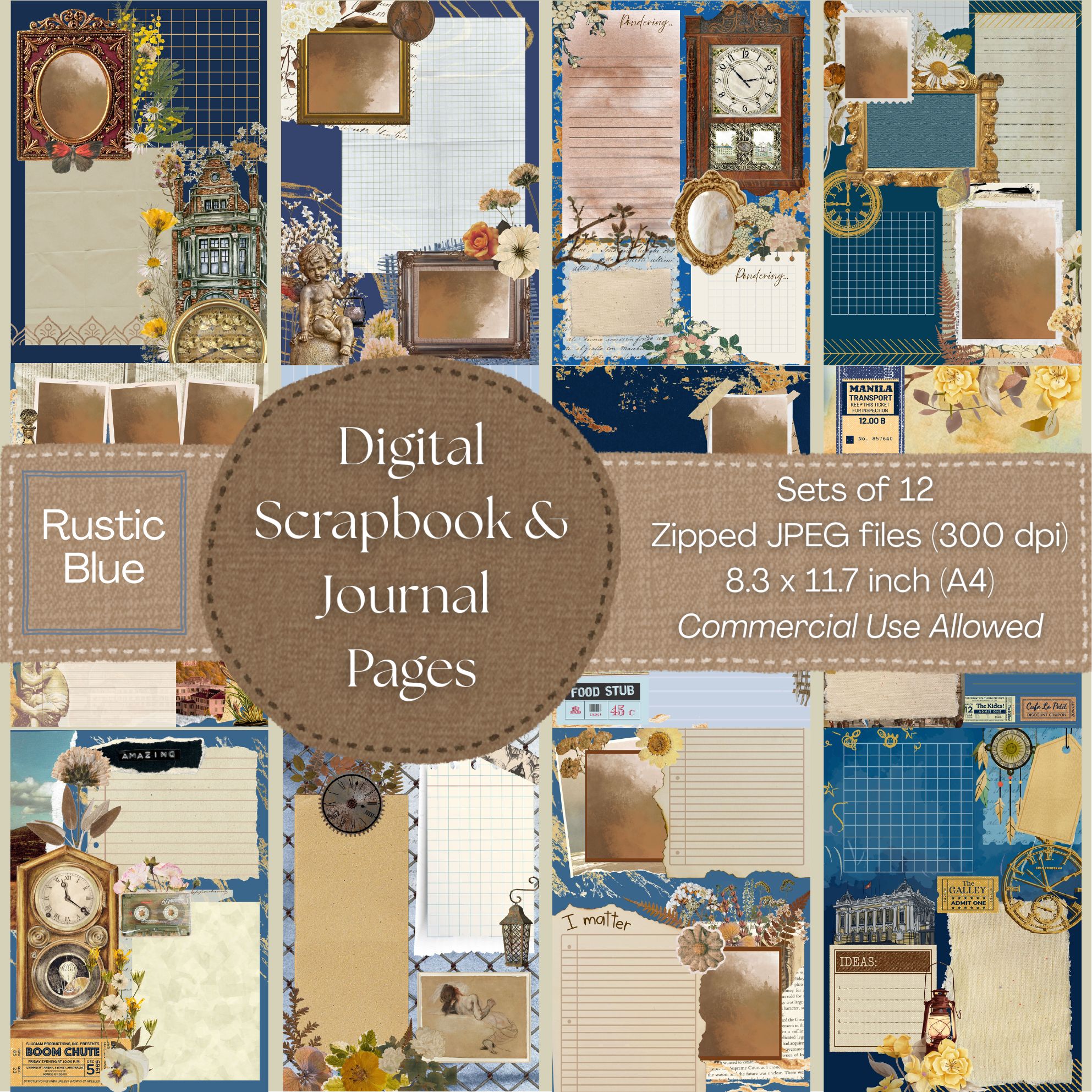 Rustic Blue | Digital Scrapbook Page | Junk Journal Pages | Digital ...