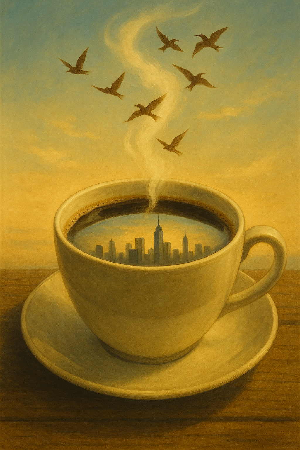 coffee cup art,cityscape in coffee,surreal city art,dreamy coffee scene,urban sunrise artwork,digital surrealism,skyline in coffee mug,whimsical urban art,birds from steam,coffee morning print,city skyline art,calm city morning,surreal digital painting,da