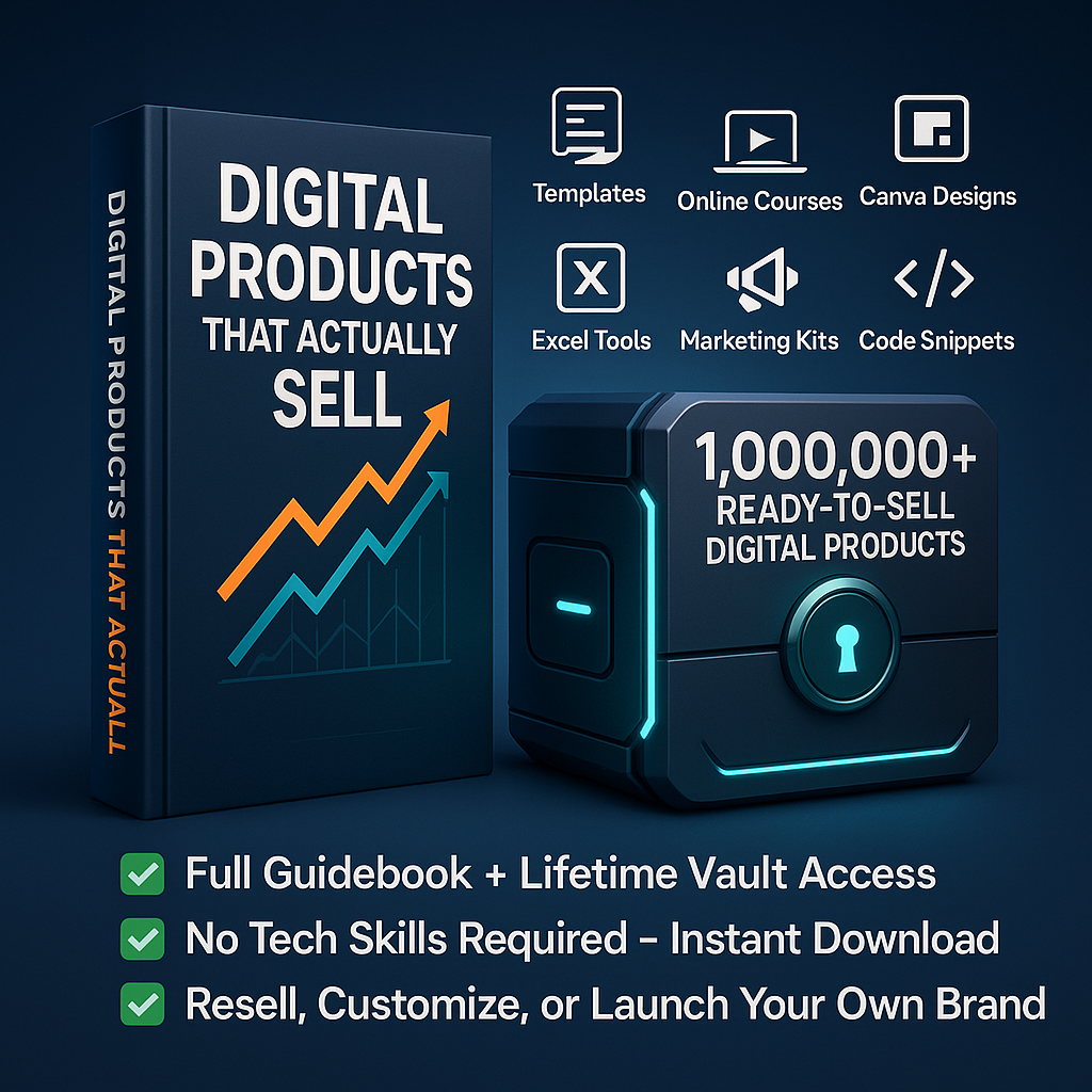 3D book cover of "Digital Products That Actually Sell" in deep blue and orange, showing a minimalist modern design with upward arrows symbolizing growth.