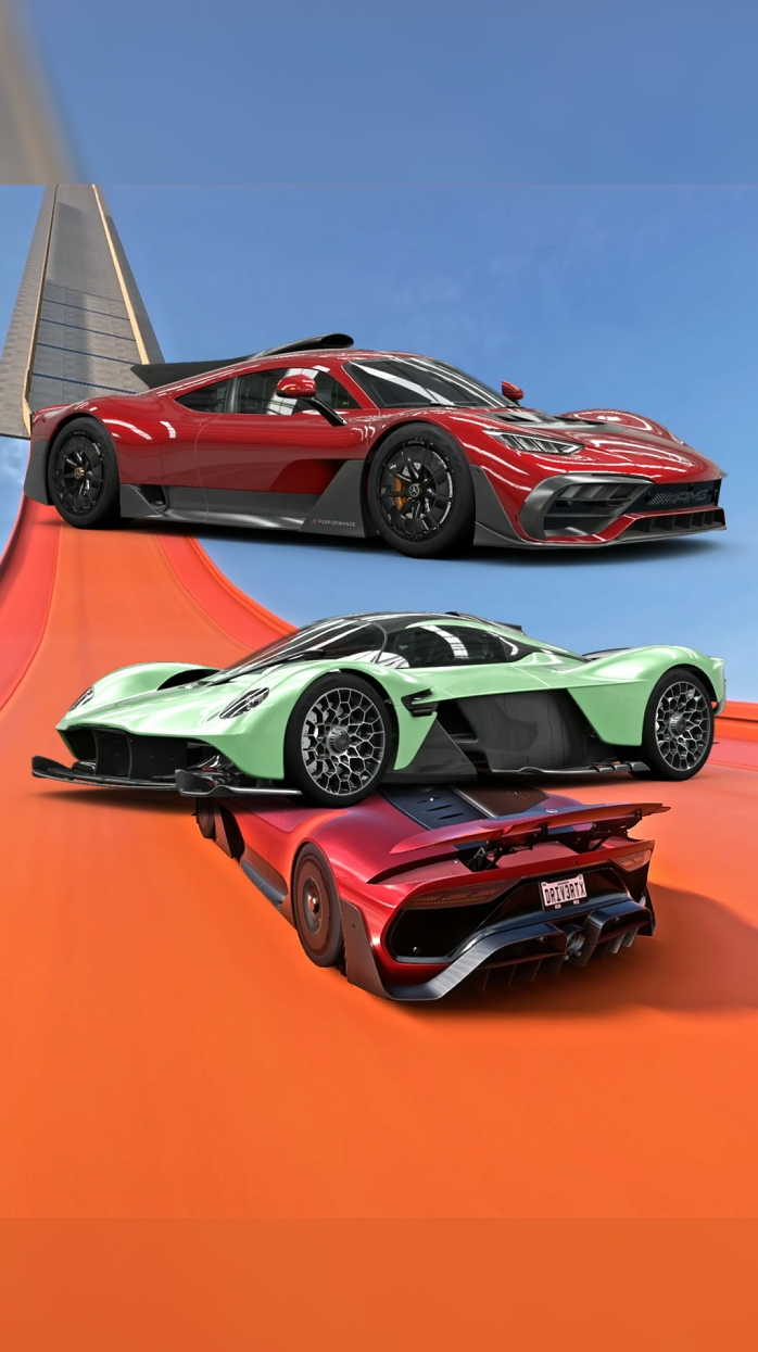 Mercedes-AMG ONE vs Aston Martin Valkyrie in Forza Horizon 5 during car performance tests including jump, brake, and extreme challenges.