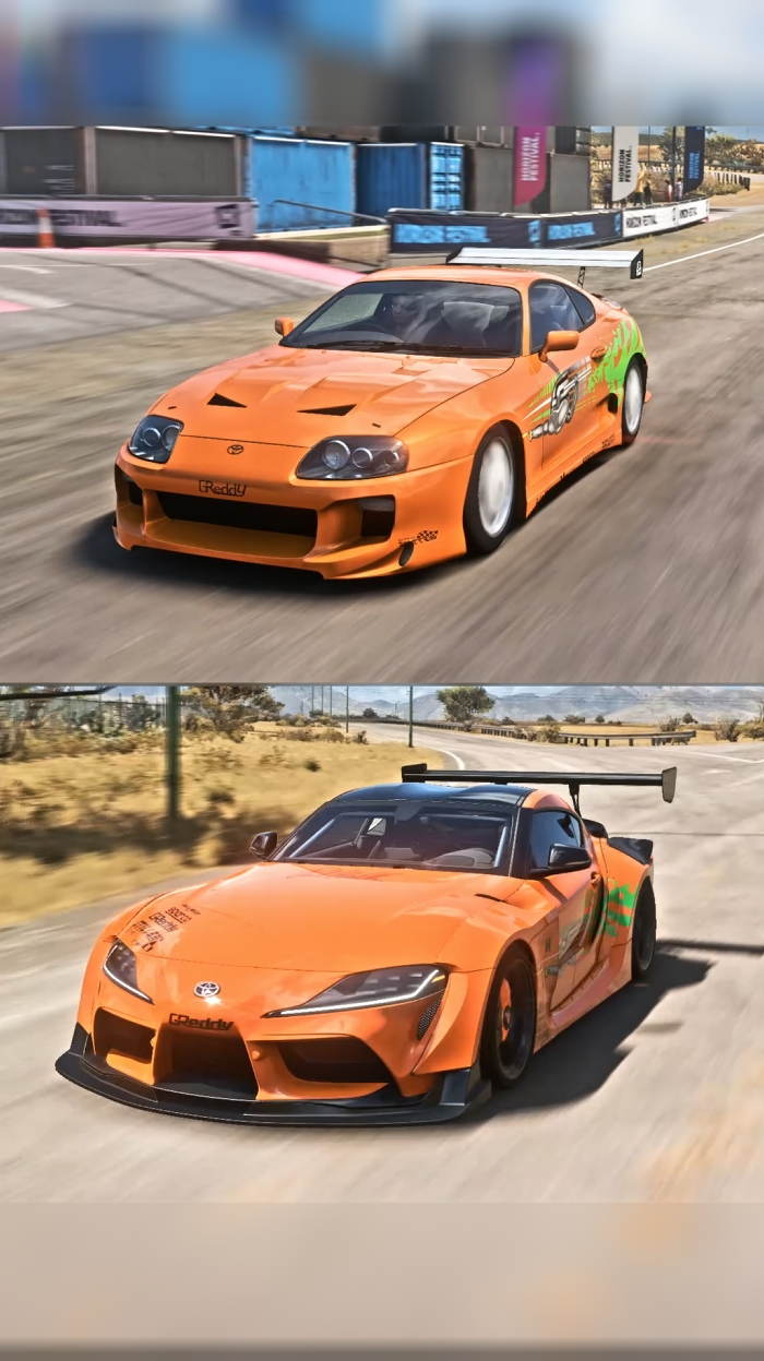 Toyota Supra MK4 vs MK5 side-by-side in Forza Horizon 5 during car test challenges like brake test, jump test, and extreme test.