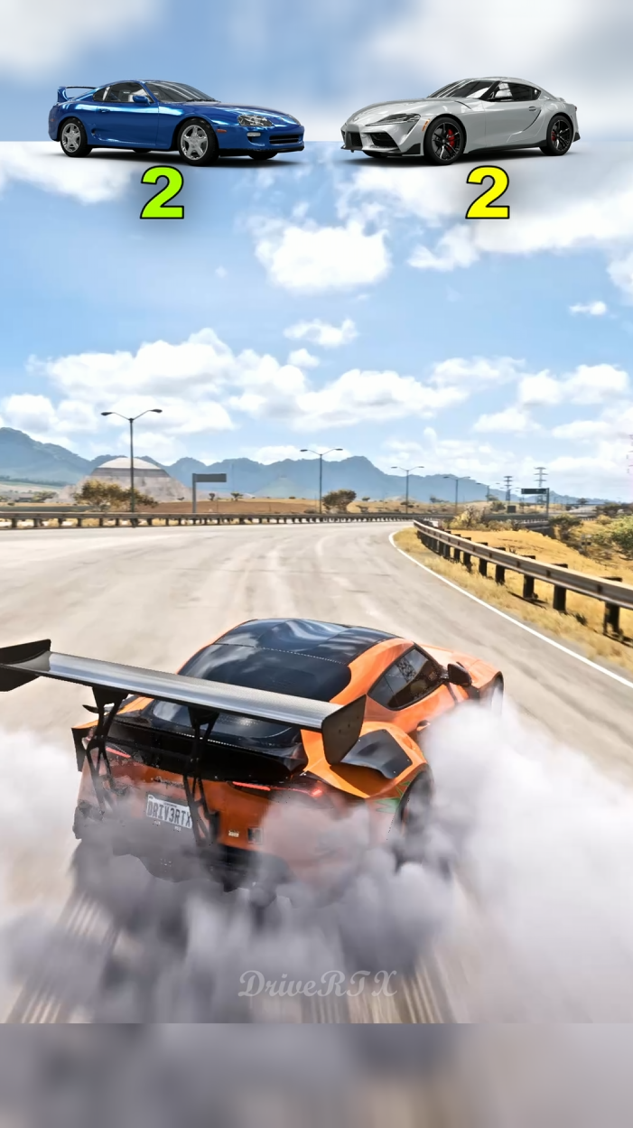 Toyota Supra MK4 vs MK5 side-by-side in Forza Horizon 5 during car test challenges like brake test, jump test, and extreme test.