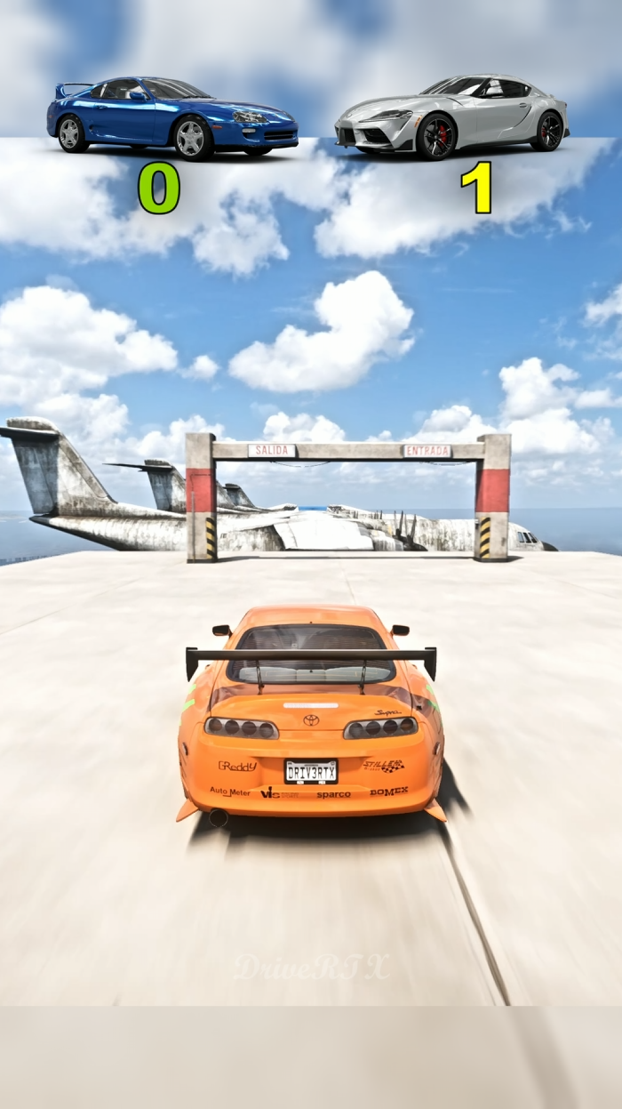 Toyota Supra MK4 vs MK5 side-by-side in Forza Horizon 5 during car test challenges like brake test, jump test, and extreme test.