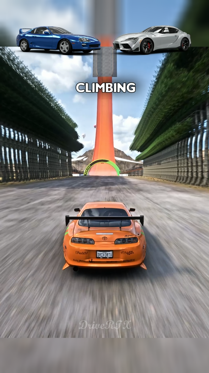 Toyota Supra MK4 vs MK5 side-by-side in Forza Horizon 5 during car test challenges like brake test, jump test, and extreme test.