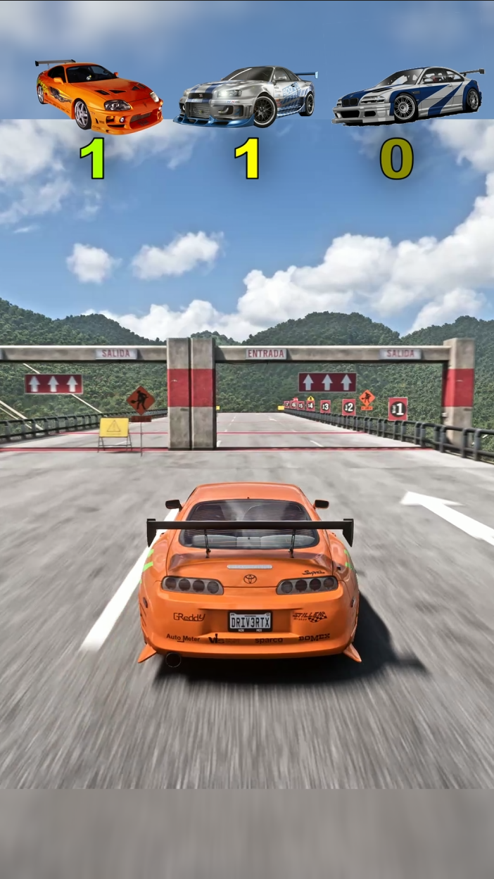 Toyota Supra, Nissan GTR, and BMW M4 racing side-by-side in Forza Horizon 5 during jump, brake, and extreme performance tests.