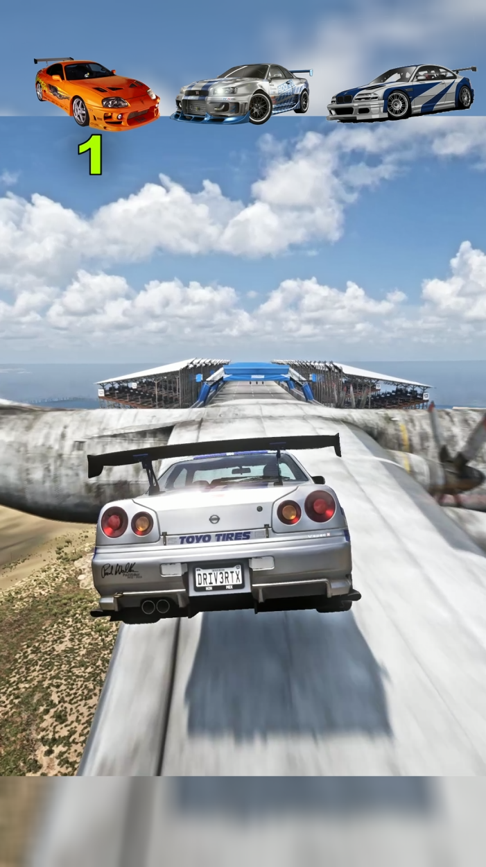 Toyota Supra, Nissan GTR, and BMW M4 racing side-by-side in Forza Horizon 5 during jump, brake, and extreme performance tests.