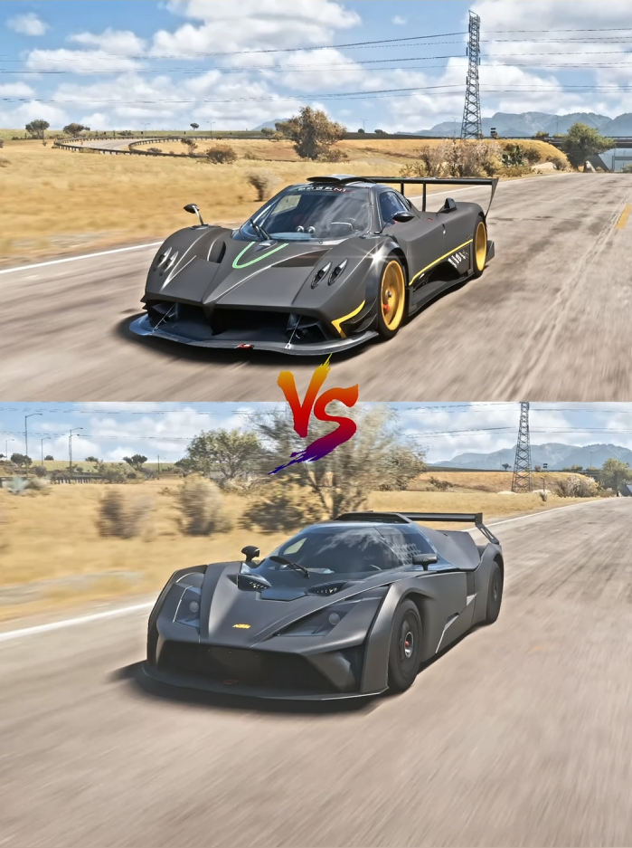 Pagani Zonda R vs KTM XBOW GT2, Koenigsegg Agera vs CCX, and Ferrari SF90 Stradale vs Lamborghini Aventador SVJ in Forza Horizon 5 car test challenges.