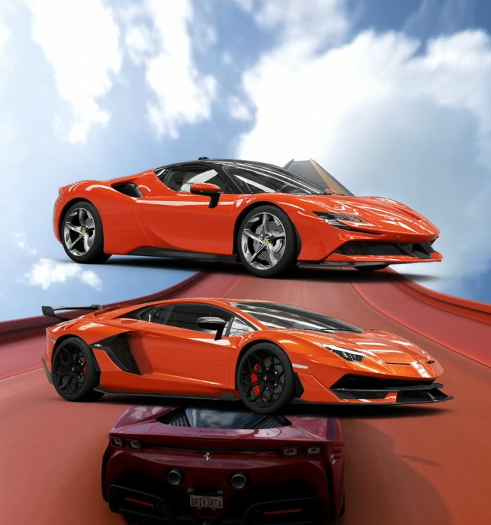 Pagani Zonda R vs KTM XBOW GT2, Koenigsegg Agera vs CCX, and Ferrari SF90 Stradale vs Lamborghini Aventador SVJ in Forza Horizon 5 car test challenges.