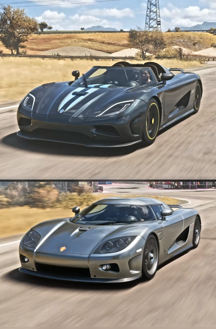 Pagani Zonda R vs KTM XBOW GT2, Koenigsegg Agera vs CCX, and Ferrari SF90 Stradale vs Lamborghini Aventador SVJ in Forza Horizon 5 car test challenges.
