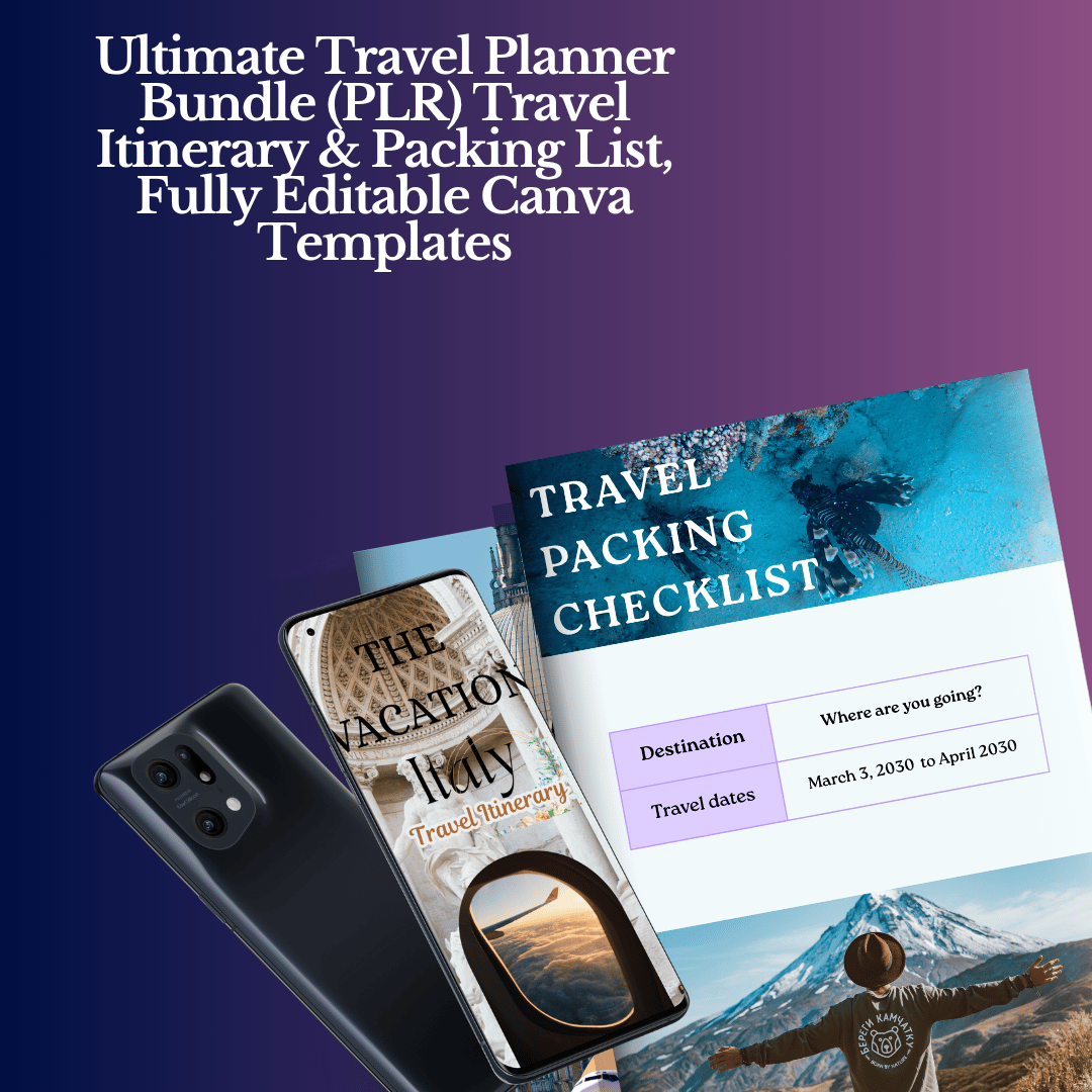 A mockup of  Ultimate Travel Planner Bundle (PLR) & 3 page, Travel Packing list – Fully Editable Canva Templates