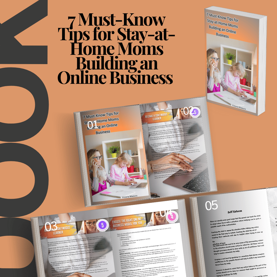 A mockup of 7 must know tips for stay at home mum,3 open pages for the ebook