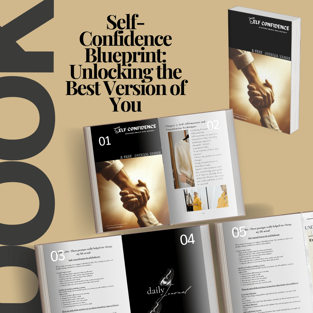 A mockup of  self confidence ebook with 3 open pages