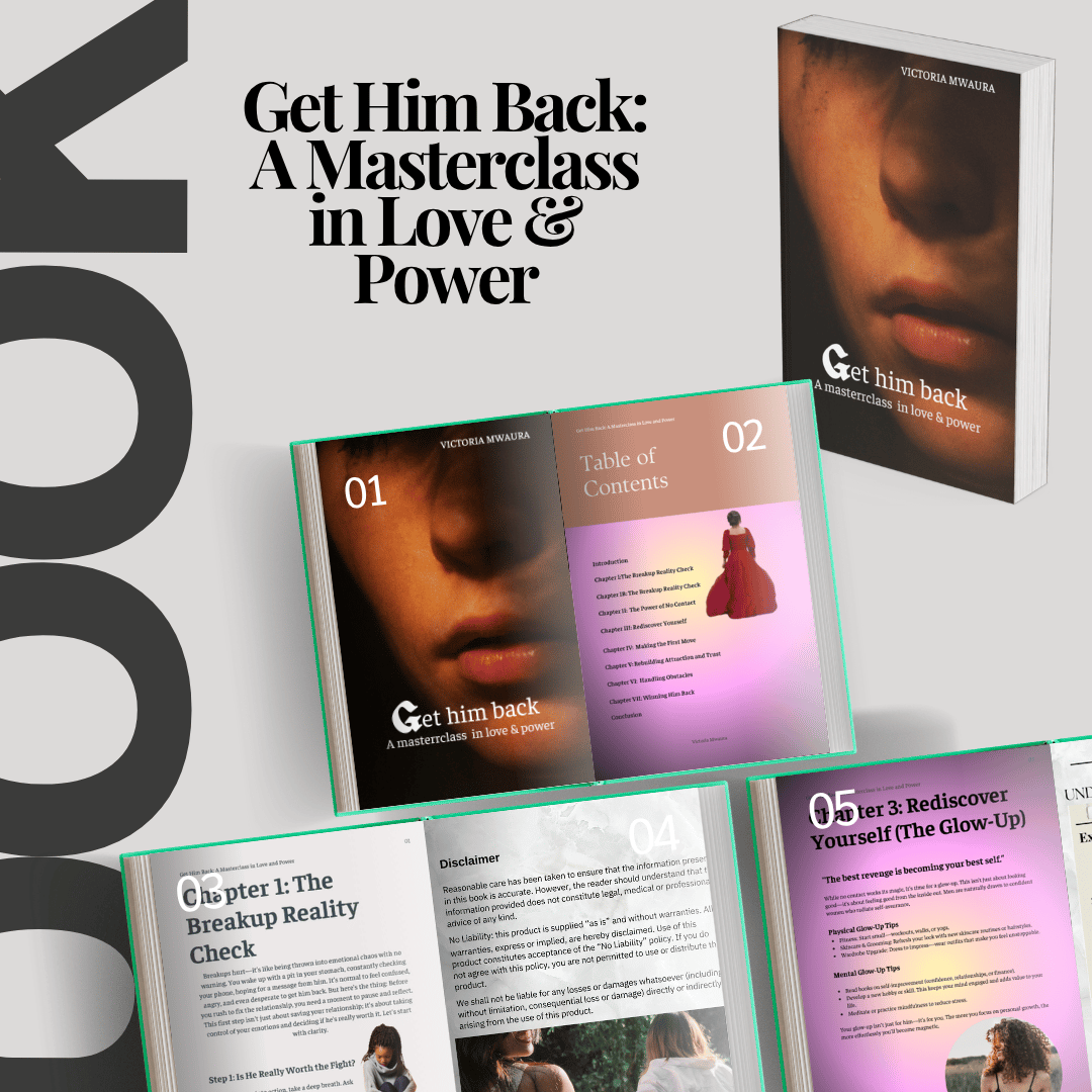 A mockup of Get him back ebook and 3 open pages