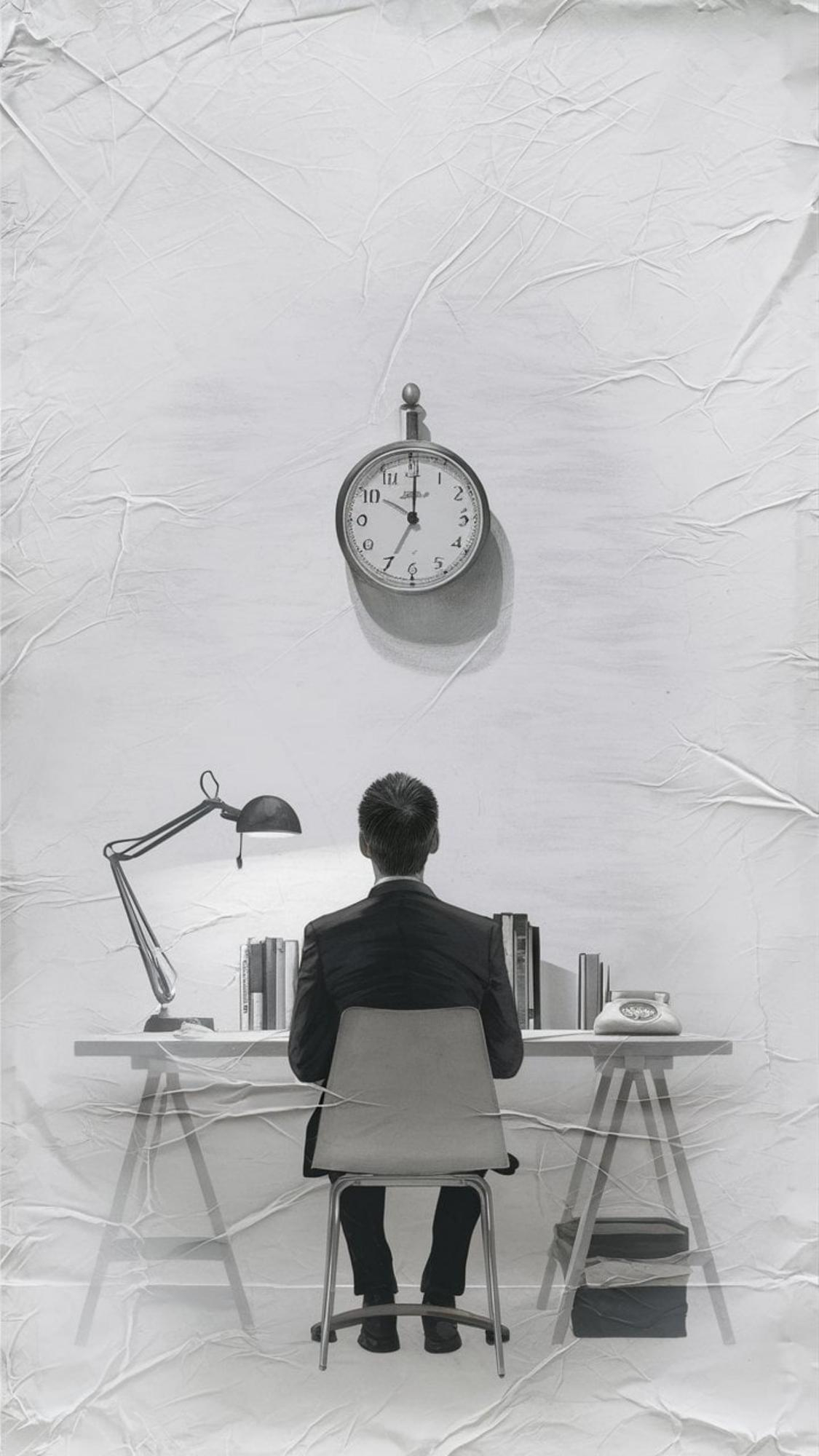 Homme assis à un bureau, de dos, faisant face à une horloge murale, illustrant le sentiment d'être submergé ou de manquer de temps au travail