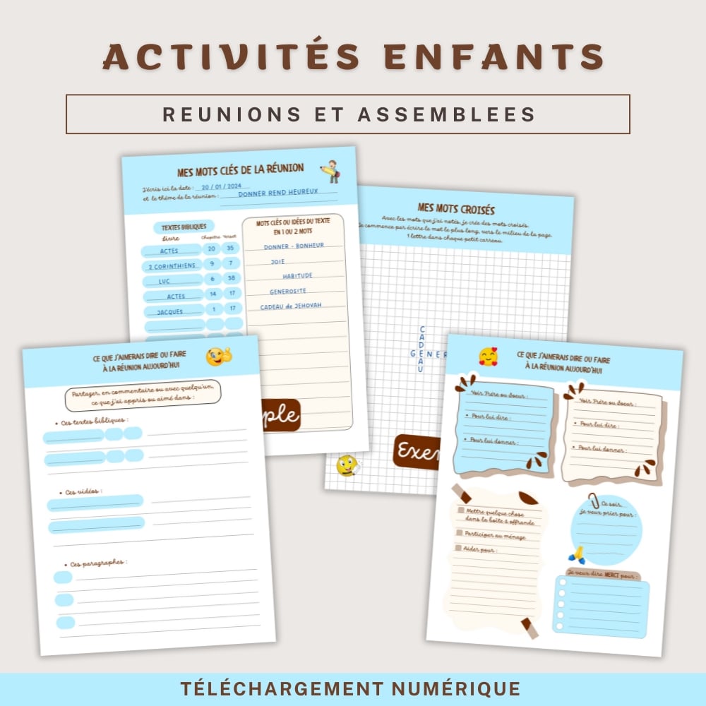 4 Fiches d'activités enfants pour les réunions des Témoins de Jéhovah JW