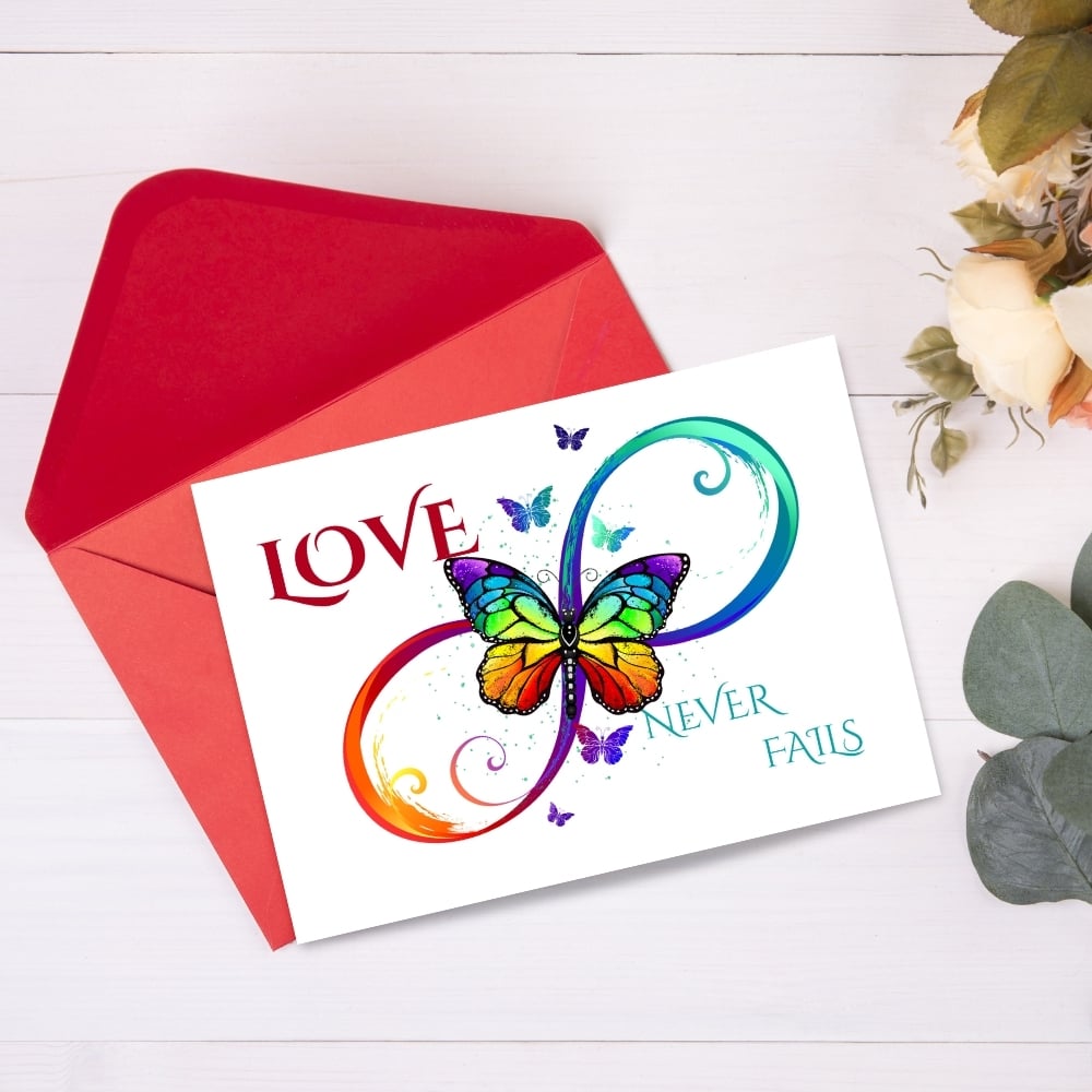 4 Cards 'Love Never Fails' 1 Cor 13:8 - Infinity Design