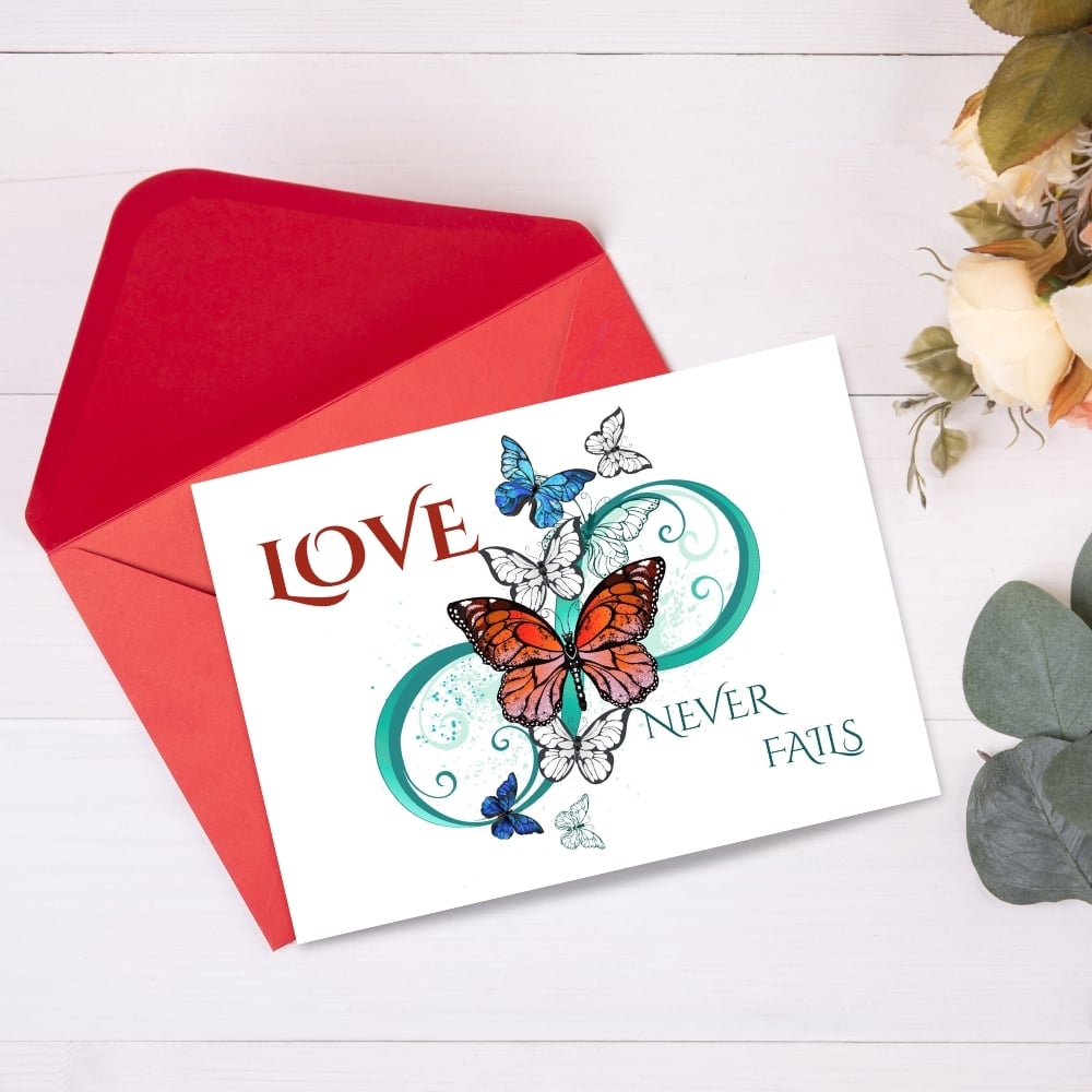 4 Cards 'Love Never Fails' 1 Cor 13:8 - Infinity Design