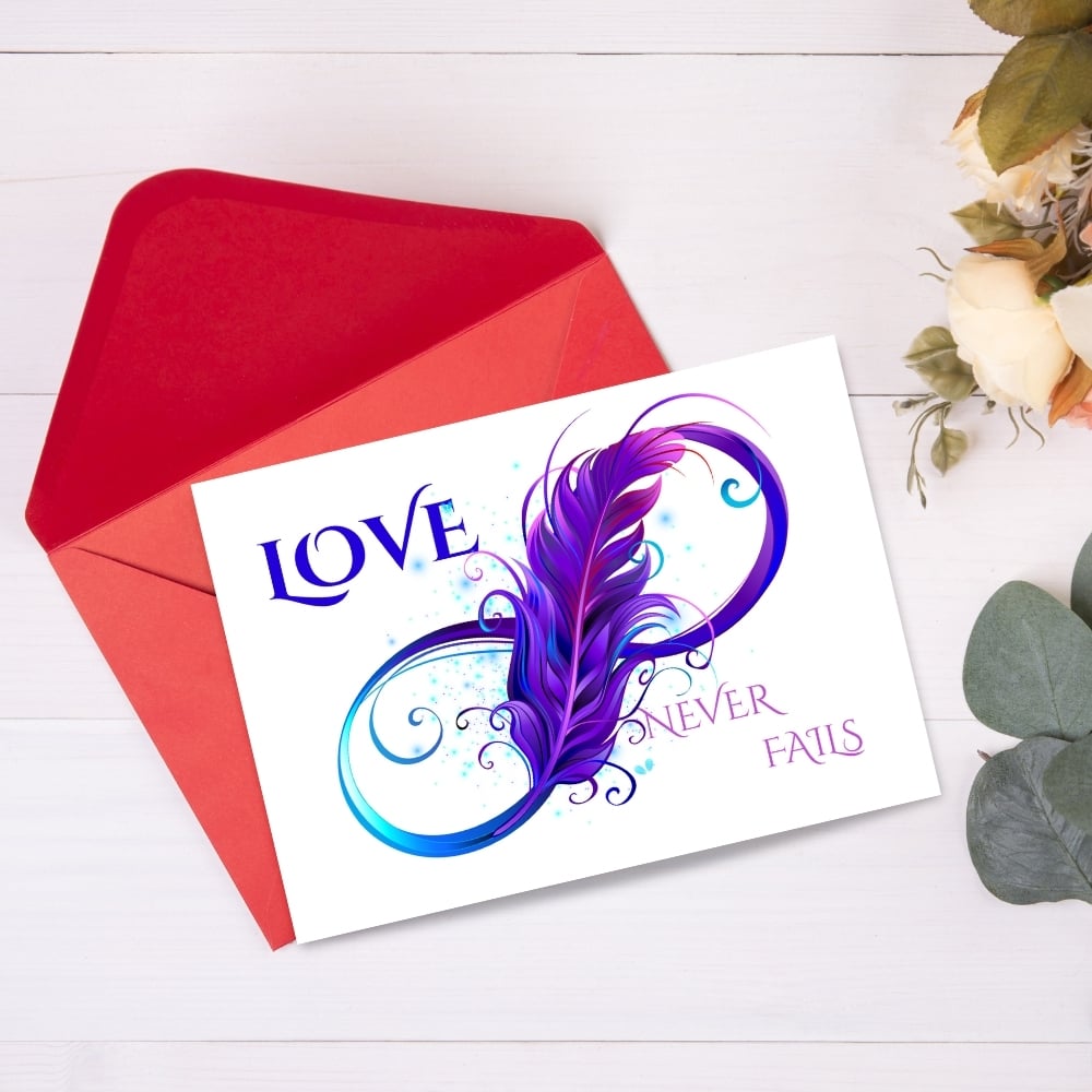 4 Cards 'Love Never Fails' 1 Cor 13:8 - Infinity Design