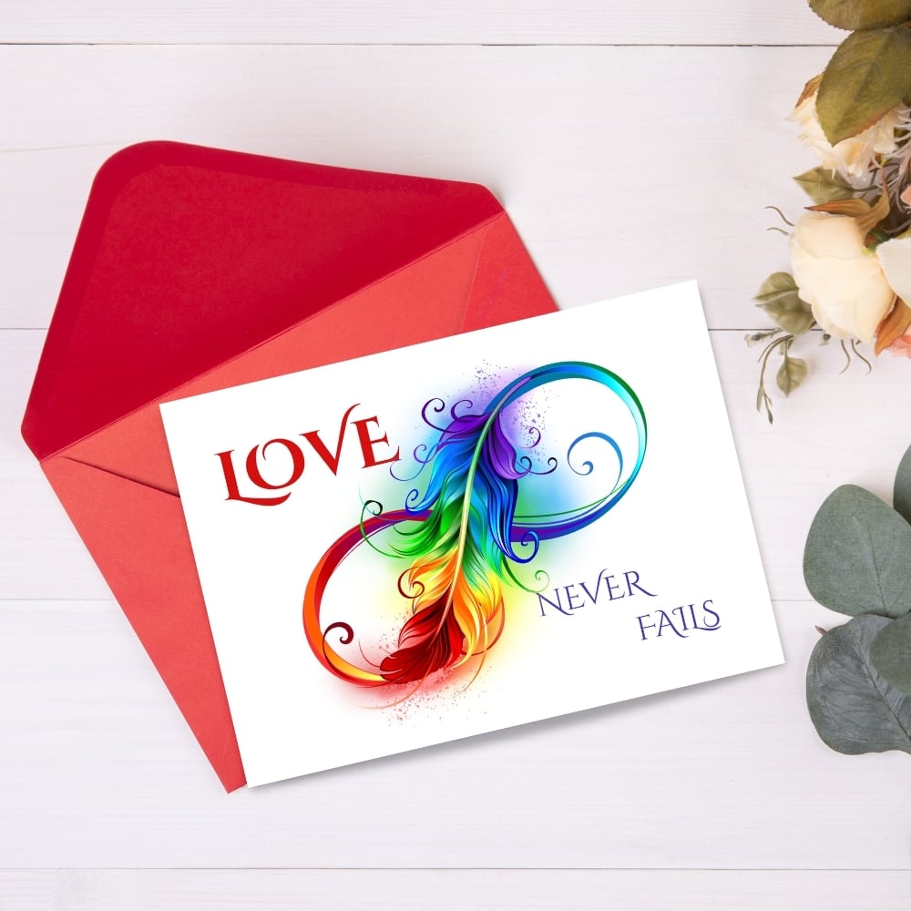 4 Cards 'Love Never Fails' 1 Cor 13:8 - Infinity Design