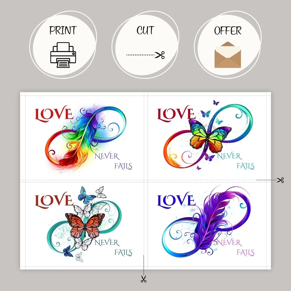 4 Cards 'Love Never Fails' 1 Cor 13:8 - Infinity Design