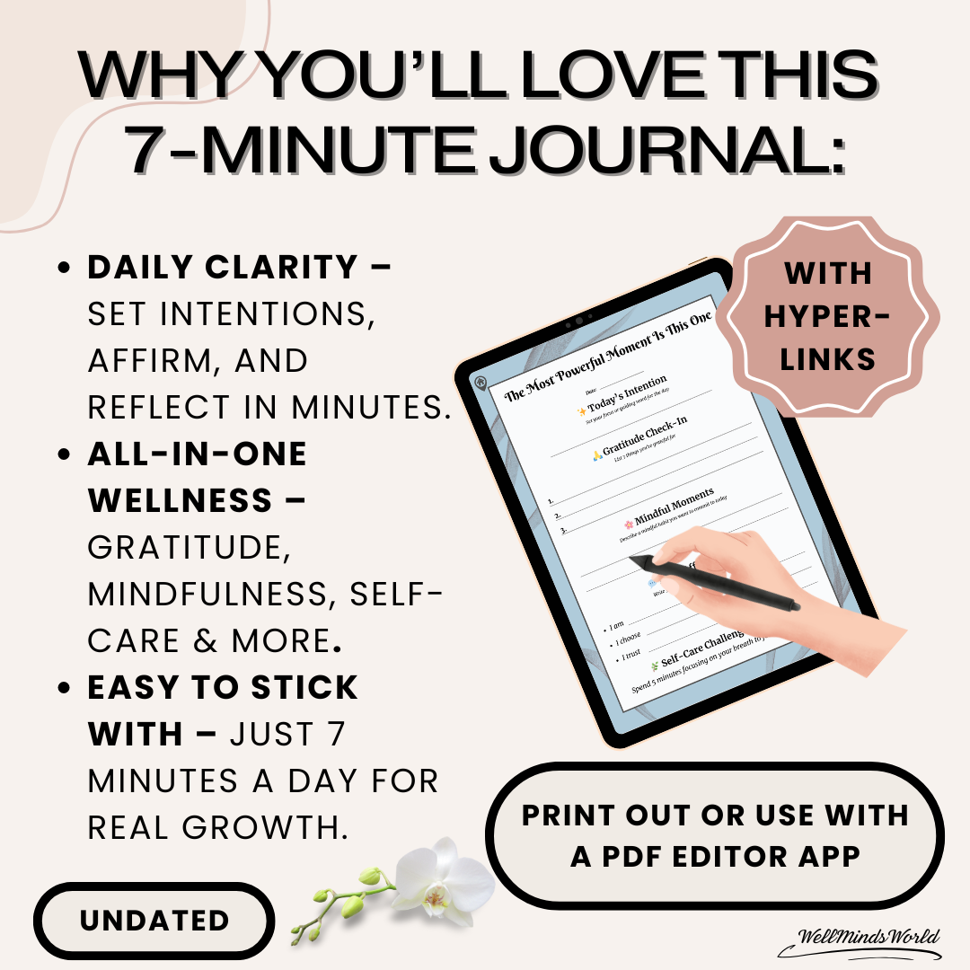 Printable 7-Minute Journal for daily mindfulness, gratitude, affirmations, and self-care.