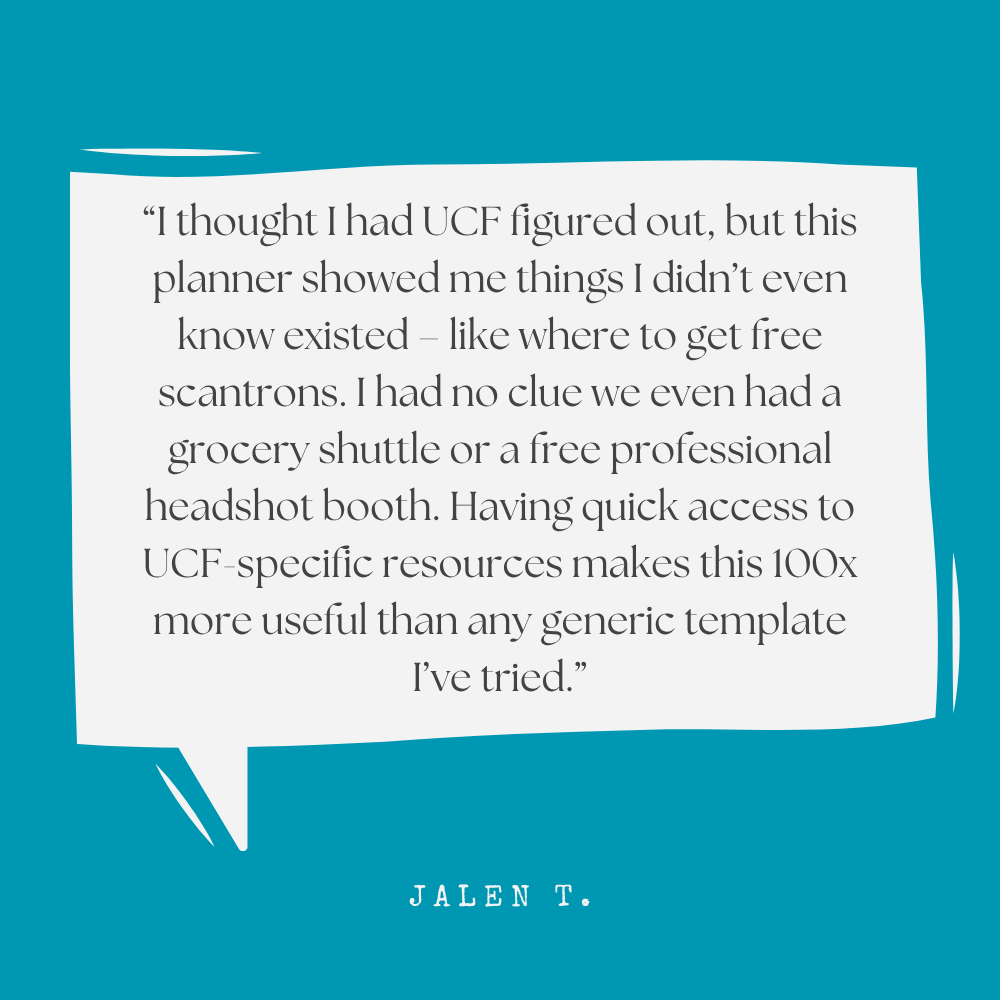 White text box on blue background displays student’s review of the UCF Survival Kit Notion template.
