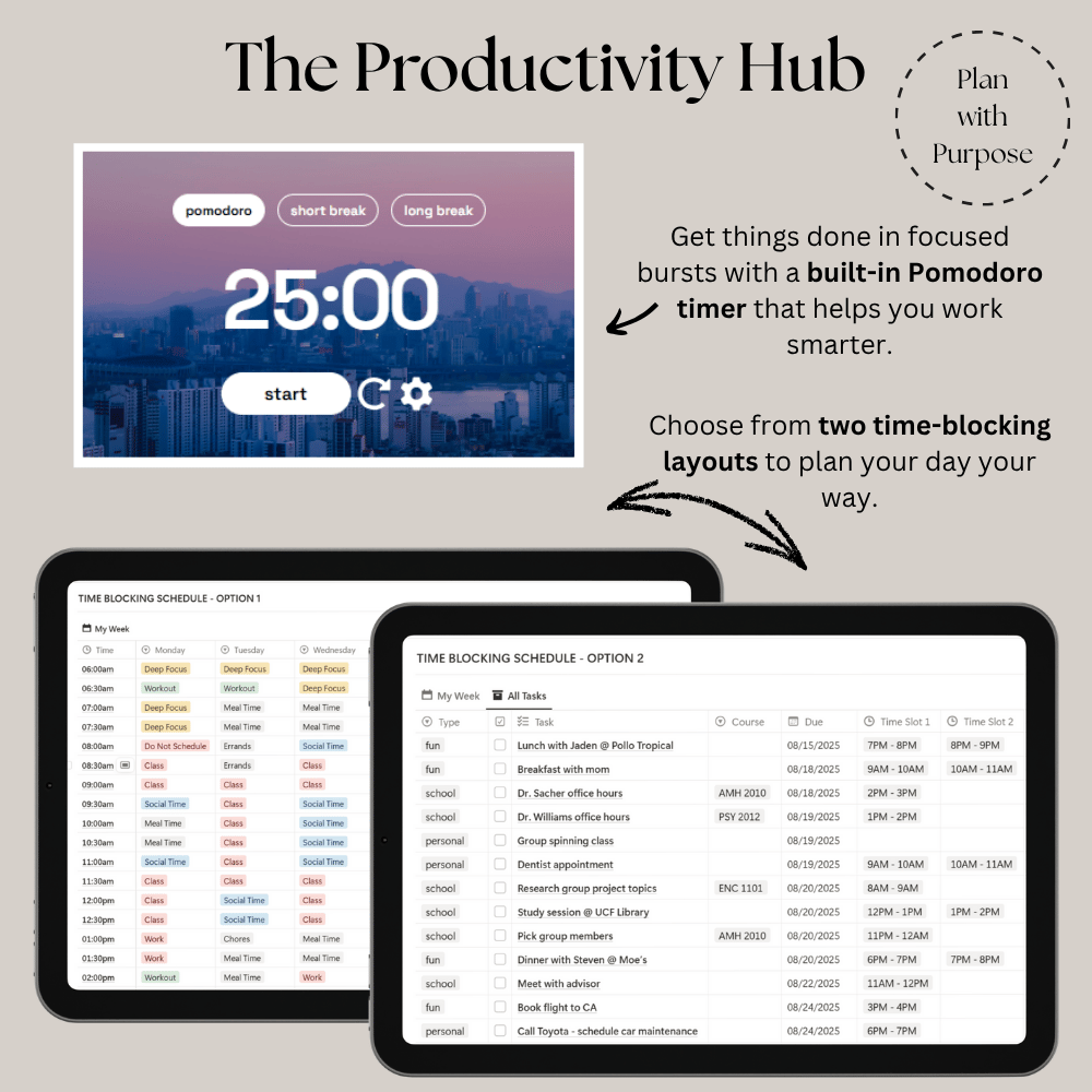 The Productivity Hub displays a built-in Pomodoro timer and two time-blocking layouts for intentional planning.