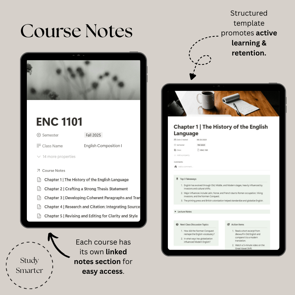 The Ultimate Student Planners course hub is displayed featuring linked notes and a class notes template for students.
