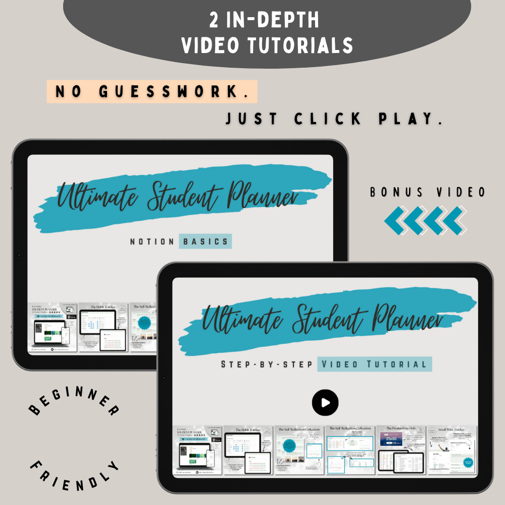 Ultimate Student Planner displays a preview of two video tutorials with the text "No Guesswork. Just Click Play."