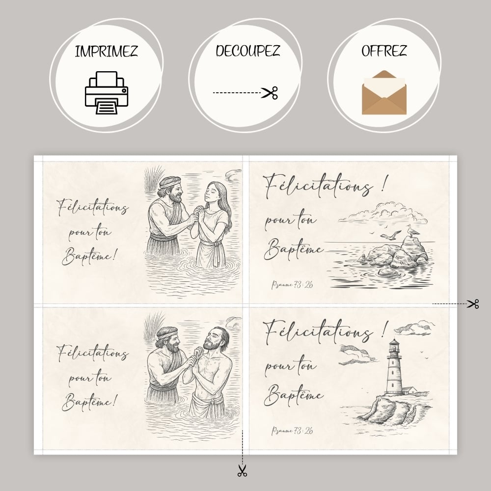 4 Cartes Félicitations Baptême - 4 modèles sur A4 à imprimer - Noir et blanc et fond vintage