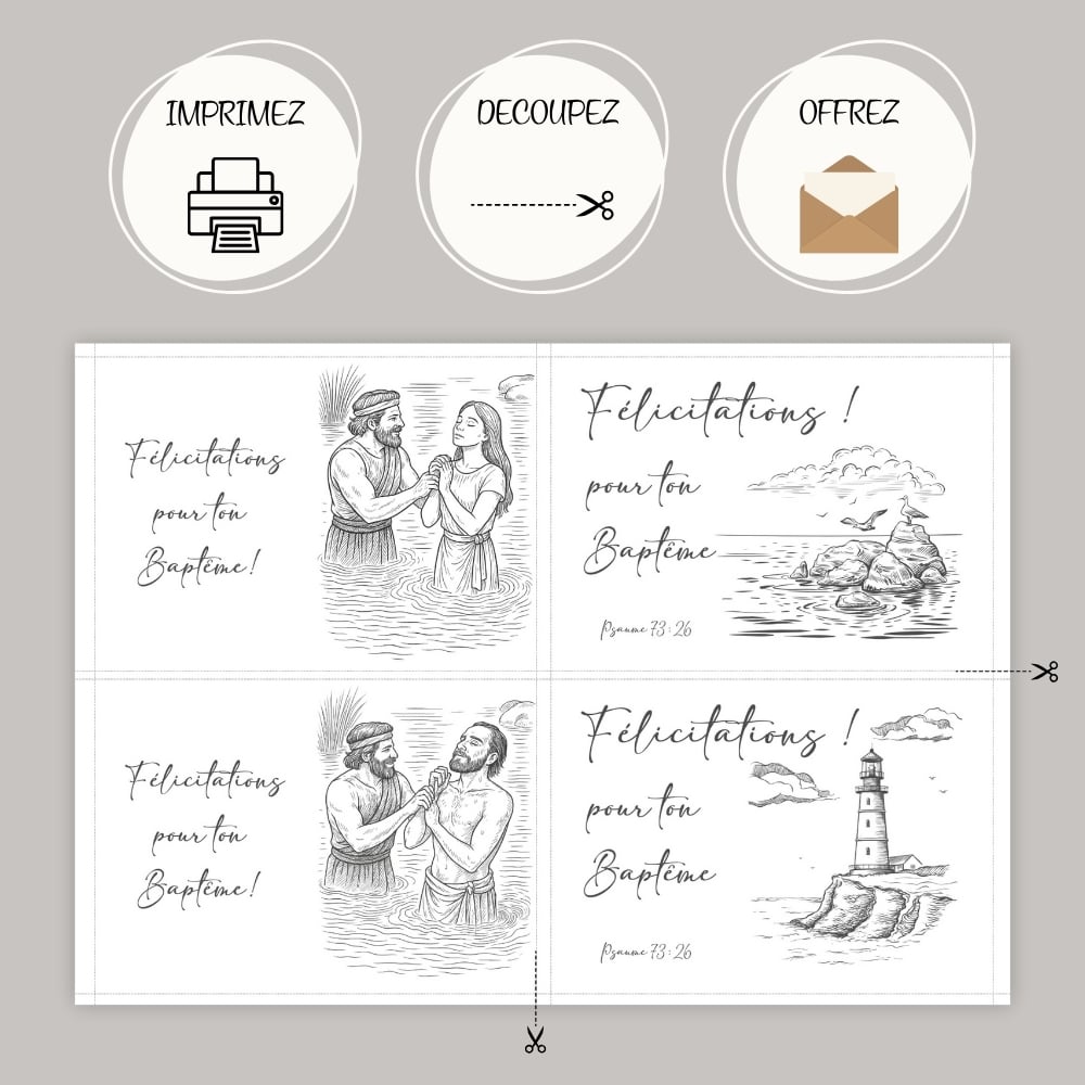 4 Cartes Félicitations Baptême - 4 modèles sur A4 à imprimer - Noir et blanc et fond vintage