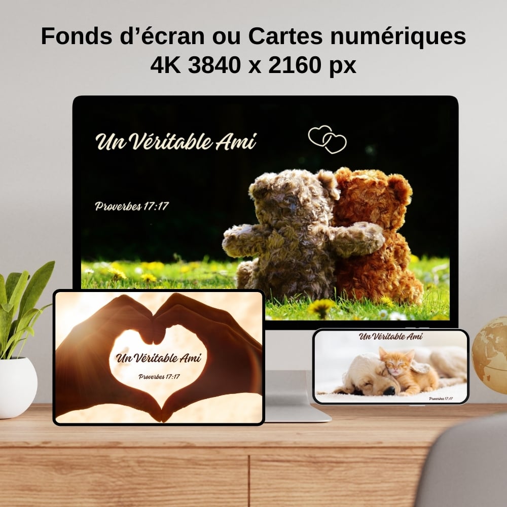 4 Images 4K pour fonds d'écran ou cartes numériques, inspirées des Proverbes 17:17 - "Un Véritable Ami" (JPG)