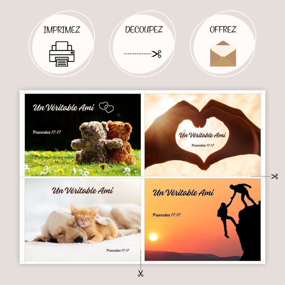 Pack de 4 Cartes à imprimer "Un Véritable Ami" - Proverbes 17:17 - PDF A4
