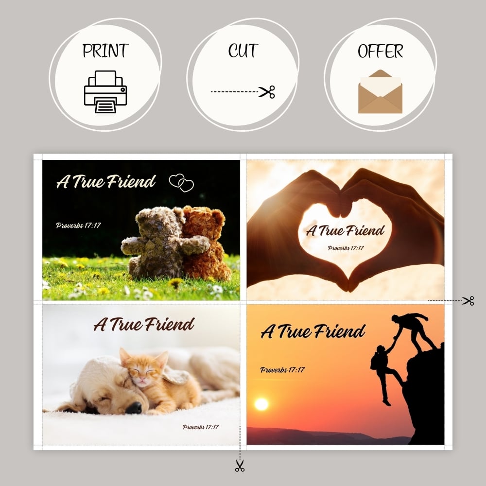 Pack of 4 Printable Cards "A True Friend" - Proverbs 17:17 - A4 PDF