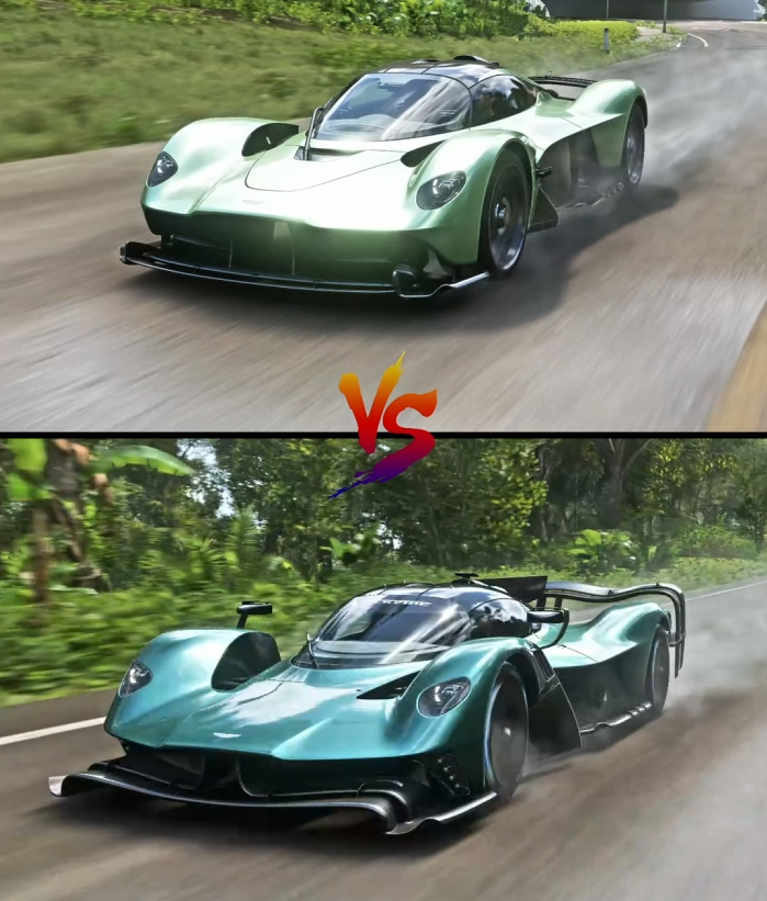 Aston Martin Valkyrie and Valkyrie AMR Pro racing side-by-side in Forza Horizon 5 during intense tests like jump, brake, and extreme challenges.