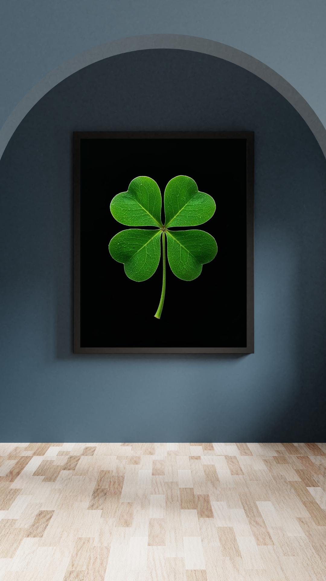 Close-up image of a vibrant green four-leaf clover on a black background. Symbol of luck, positivity, and good fortune. Minimalist nature-inspired design perfect for St. Patrick’s Day décor, good luck gifts, or botanical wall art.