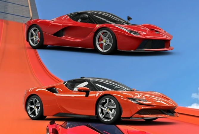 Ferrari LaFerrari and Ferrari SF90 Stradale side-by-side in Forza Horizon 5 during car performance tests including jump, brake, and extreme challenges.